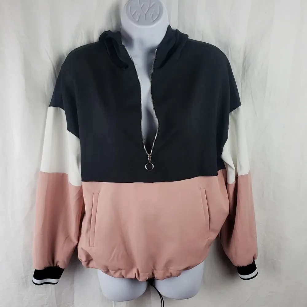 Zara Women's Small Pink Black White Colorblock Track Hooded Jacket